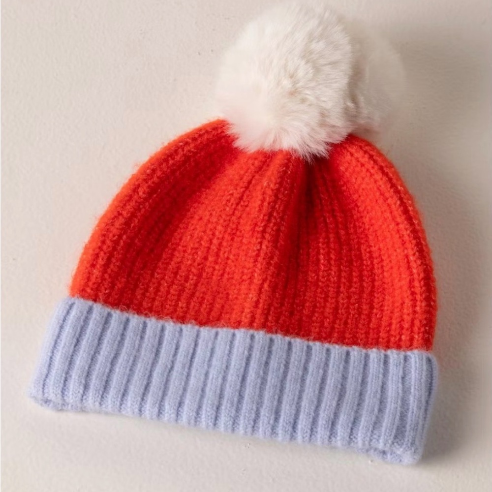 Shiraleah Jane Beanie Orange Blue White Pom-Pom Women One‎ Size NWT